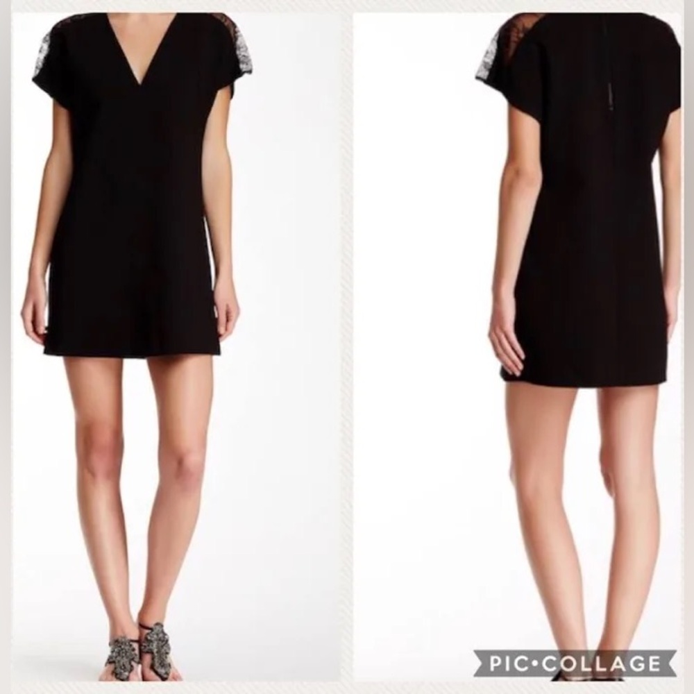 Alice + Olivia V Neck Lace Panel Shift Dress Cap Sleeve Mini Cocktail Black Sz S
